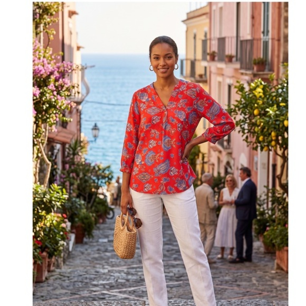 Rose & Thyme Red Paisley Floral V-Neck Blouse 3/4 Sleeve Small